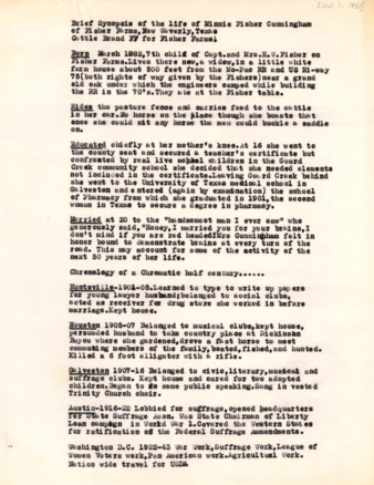 Brief Synopsis of the Life of Minnie Fisher Cunningham of Fisher Farms, New Waverly, Texas