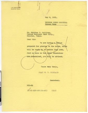 Letter from W. T. Sinclair to Mr. Maurice J. Sullivan, 1931 May 5