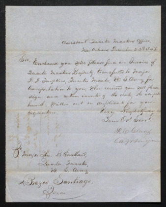 Letter from Robert E. Clary to Major Eastland regarding transfer for Quarter Master Property Major D. D. Tompkins