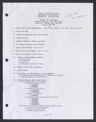 Thirty-fourth Senate, University of Houston, Students' Association, Order of Business [Agenda], Nineteenth Meeting, January 21, 1998