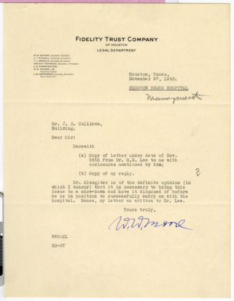 Letter from W. W. Moore to J. S. Cullinan, 1928 November 27