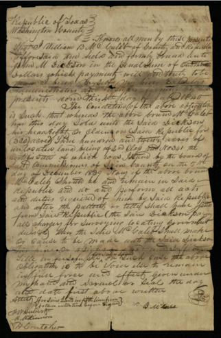 Transfer to John M. Dickson of headright to 320 acres of land