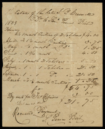 Tuition bill from Samuel Pierce Birt to J. Y. Creswell