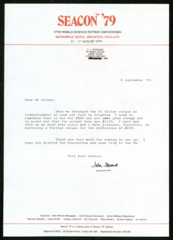 Letter from John Steward to Fritz Leiber, regarding a flight reimbursement