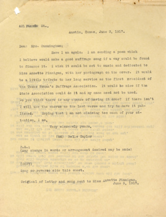 Letter from Belle Taylor to Minnie Fisher Cunningham