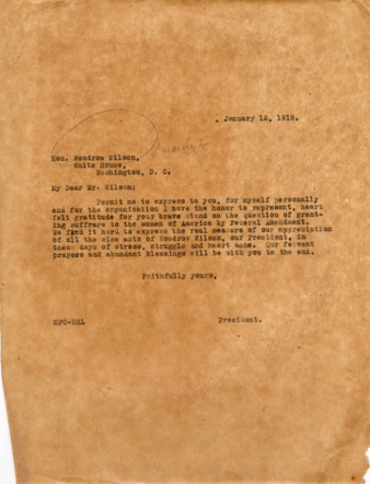 Letter from Minnie Fisher Cunningham to Hon. Woodrow Wilson, January 12, 1918