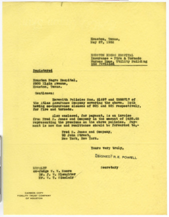 Letter from R. E. Powell to Houston Negro Hospital, 1932 May 27