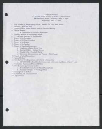 Order of Business [Agenda], 4th Senate Meeting of the 42nd Administration, April 27, 2005