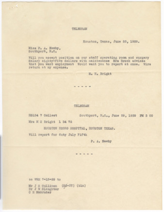Telegram from M. H. Bright and telegram to M. H. Bright from P. A. Newby to P. A. Newby