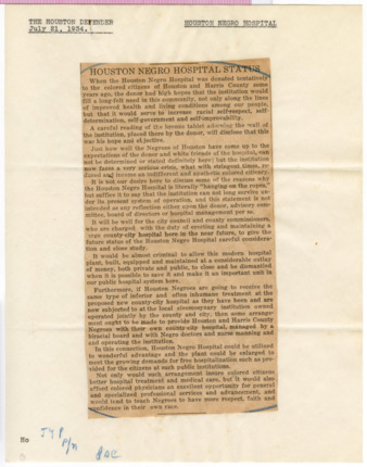 Article on Houston Negro Hospital Status