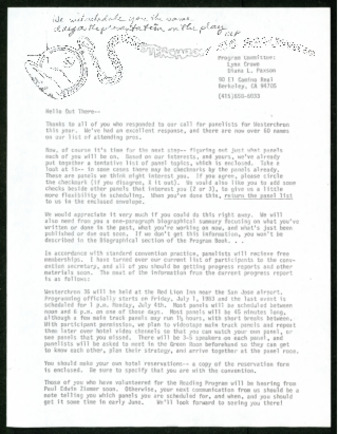 Letter from Westerchron Program committee to potential panelists, regarding their panel placement