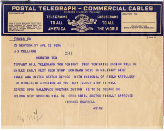 Telegram from Richard Campbell to J. S. Cullinan, 1926 April 23