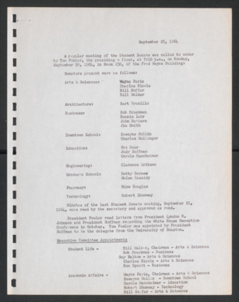 First Senate, University of Houston Student Government Association, Minutes, September 28, 1964