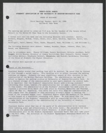 Twenty-third Senate, Students' Association of the University of Houston-University Park, Order of Business [Minutes], Third Meeting, April 28, 1986