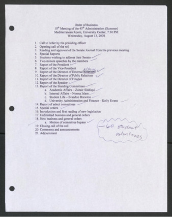 Order of Business [Agenda], 10th Meeting of the 45th Administration, August 13, 2008
