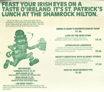 Shamrock Hotel St. Patrick's Day lunch menu