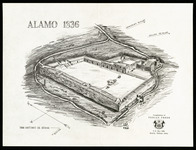Black and white print of the Alamo