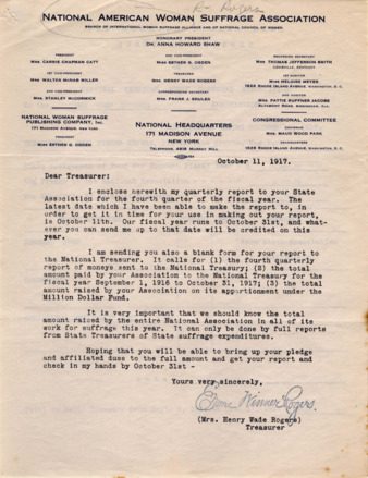 Letter from Emma Winner Rogers to the Treasurer of the Texas Woman's Suffrage Association, enclosed with Million Dollar Quarterly Fund Report Form
