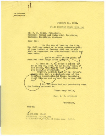Letter from W. T. Sinclair to R. R. Moton, 1929 January 31