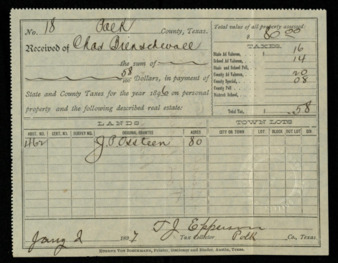 Receipt for taxes paid by Chad Bienschwall on land originally belonging to J. P. Osteen