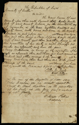 Republic of Texas True Bill against Deshu Bunton