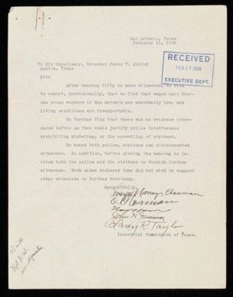 Letter from the Industrial Commission of Texas to Governor James V. Allred, 1938 February 15