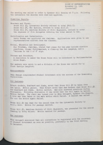 Hardbound Senate Journal, House of Representatives, Minutes, November 13, 1961