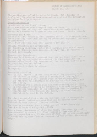 Hardbound Senate Journal, House of Representatives, Minutes, March 12, 1962