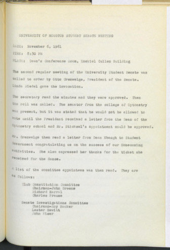 Hardbound Senate Journal, Student Senate, Minutes, November 6, 1961
