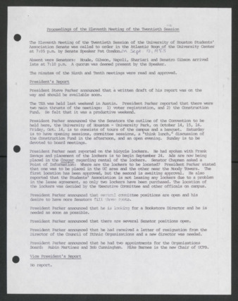 Senate Journal, Twentieth Senate, University of Houston Student Government Association, Minutes, Eleventh Meeting, September 12, 1983