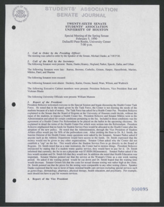 Senate Journal, Vol. 1, Twenty-sixth Senate Students' Association, University of Houston, Special Meeting, Spring Senate, Feburary 5, 1990