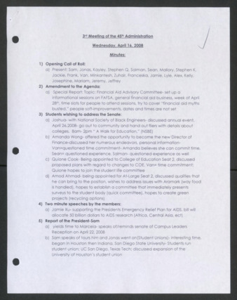 Order of Business [Minutes], 3rd Meeting of the 45th Administration, April 16, 2008