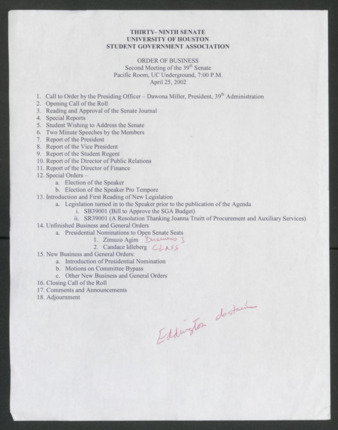 Thirty-ninth Senate, University of Houston, Student Government Association, Order of Business, Second Meeting, April 25, 2002