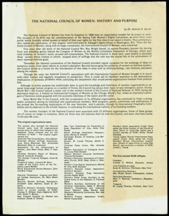The National Council of Women: History and Purpose