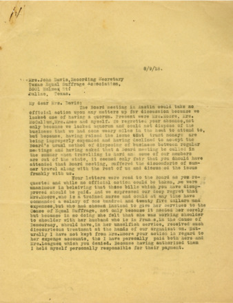 Letter from Minnie Fisher Cunningham to Mrs. John Davis, Recording Secretary, 1918 August 9
