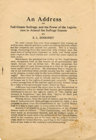 An Address On Full Citizen Suffrage and the Power of Legislature to Amend the Suffrage Statue