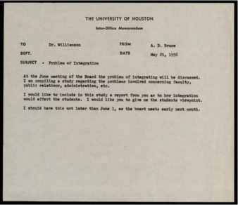 Memorandum from A. D. Bruce to Clanton W. Williams, concerning a study by the faculty committee on integration (with handwritten notes)