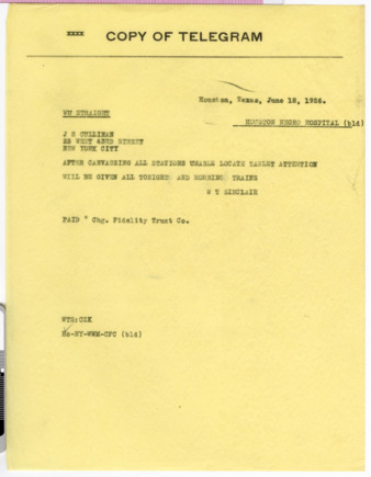 Telegram from W. T. Sinclair to J. S. Cullinan, 1926 June 18