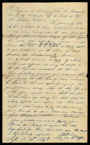 Petition of Root and Taylor in a suit for debt against W. C. J. Hill