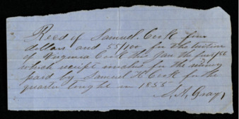 Receipt stating payment of $4.55 for the tuition of Virginia Cook, paid by Samuel H. Cook to S. A. Gray