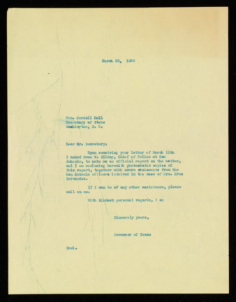 Letter from Governor James V. Allred to Cordell Hull, 1938 March 29