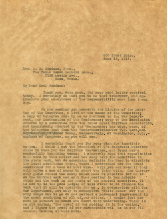 Letter from Minnie Fisher Cunningham to Mrs. W. W. Woodson