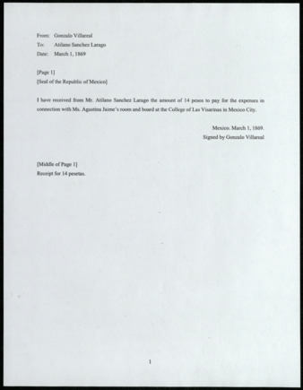 Translation of Receipt for Atilano Sanchez Garayo’s payment