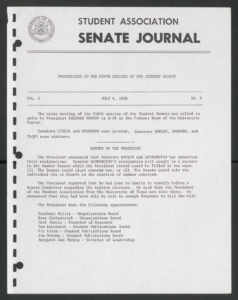 Senate Journal, Fifth Senate, University of Houston Student Government Association, Minutes, Vol. 5, No. 9, July 8. 1968