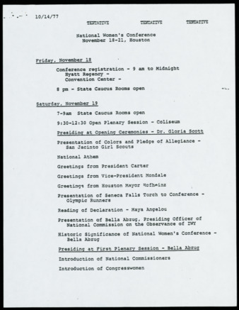 National Women's Conference tentative agenda