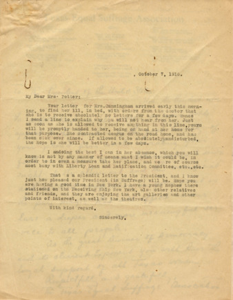 Letter to Mrs. Potter, informing to expect delay in response to her letter to Mrs. Cunningham