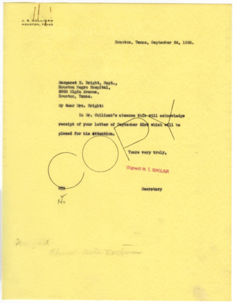 Letter from W. T. Sinclair to Margaret H. Bright, 1932 September 24