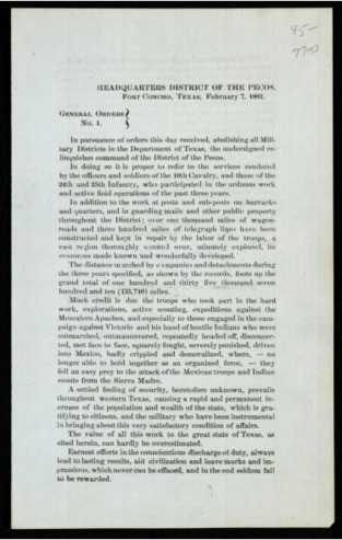 General Orders No. 1 from Headquarters in the District of the Pecos
