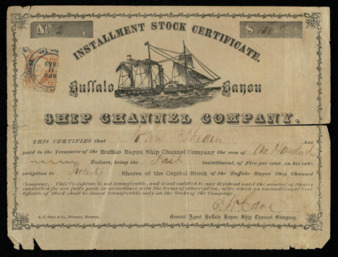 Installment stock certificate for $100, or 20 shares, to John Shearn from the Buffalo Bayou Ship Channel Company