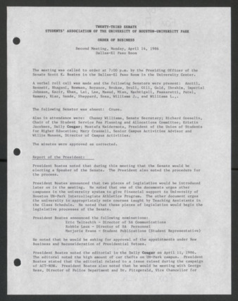 Twenty-third Senate, Students' Association of the University of Houston-University Park, Order of Business [Minutes], Second Meeting, April 14, 1986